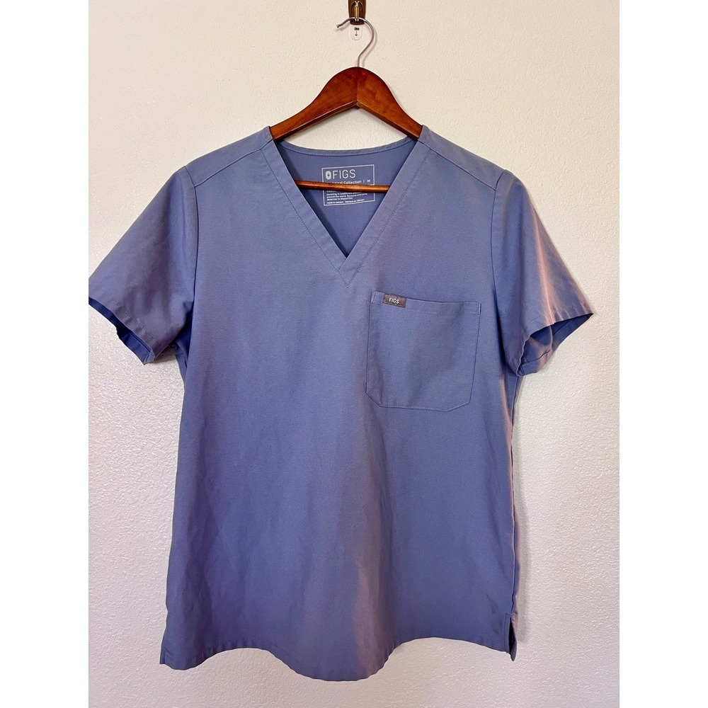 FIGS Technical Scrub Top Women's Medium Blue‎ V Neck Medical Nurse Pocket